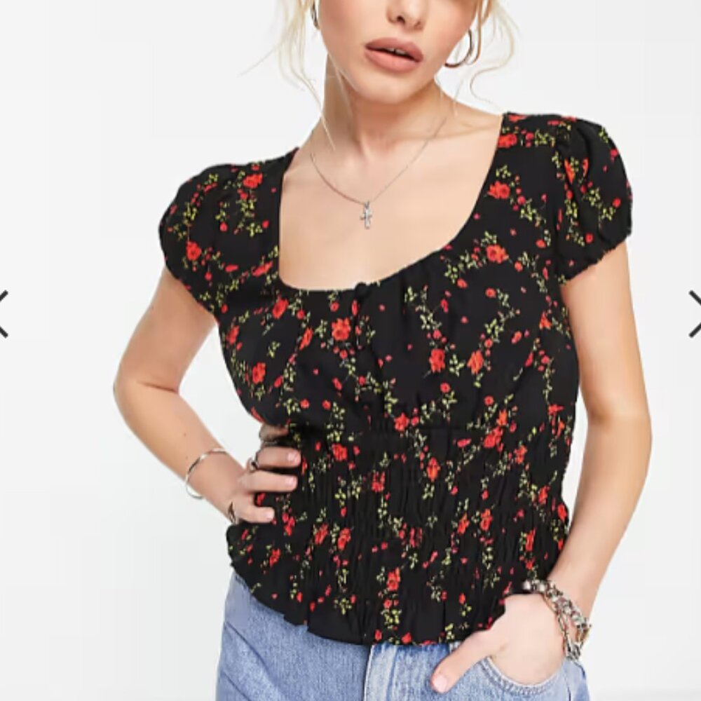 Topshop petite cap sleeve rose print tea top in black